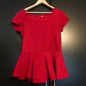 Red Peplum Textured Short Sleeve Shirt